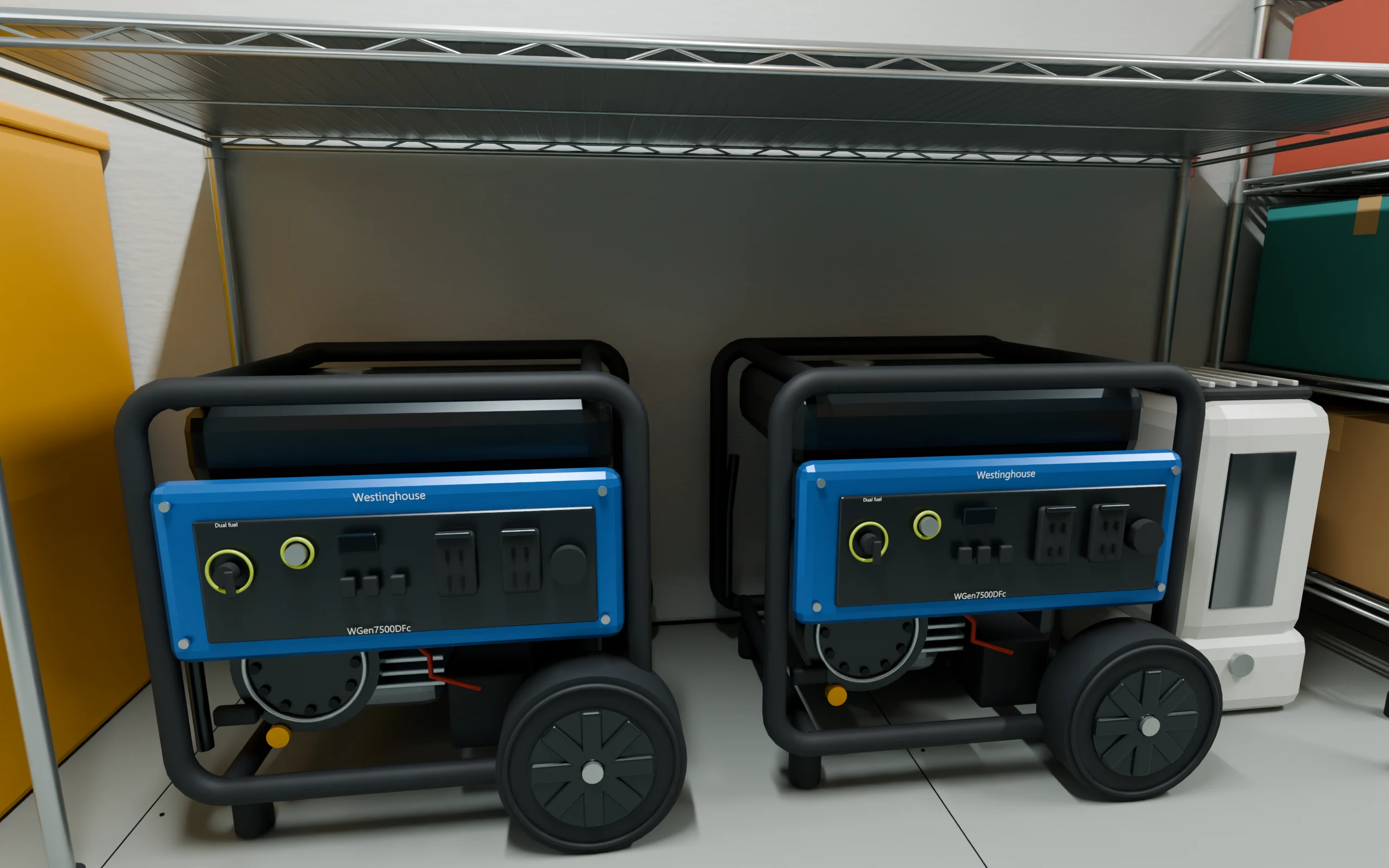 Two portable generators stored beneath the equipment shelf